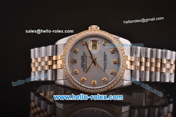 Rolex Datejust Swiss ETA 2836 Automatic Diamond Bezel with White MOP Dial and 18K Gold Strap - 1:1 Original - Click Image to Close